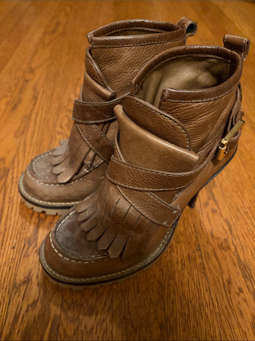 Tory Burch Brown Leather Fringe Ankle Booties with Buckle
